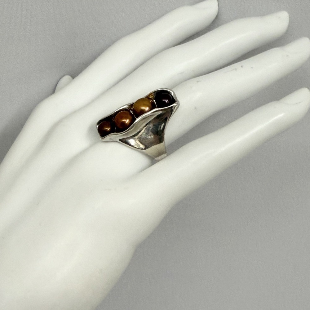 HG Hagit Gorali Sterling W/ 4 Brown Tones Pearls Ring VERY COOL Size 7 1/4 - Picture 3 of 11